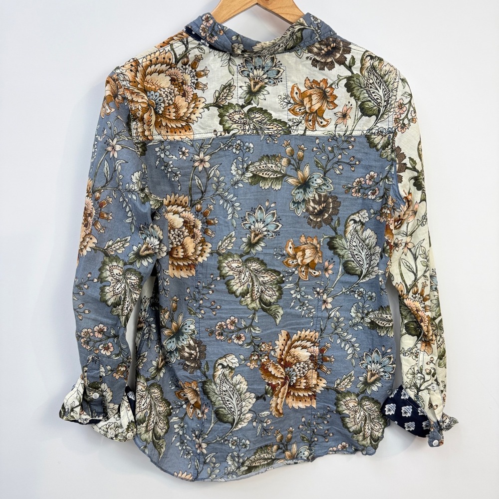 Cino Button Down Shirt Womens Large Blue Floral Patchwork Crinkle Velvet Trim - Picture 6 of 9